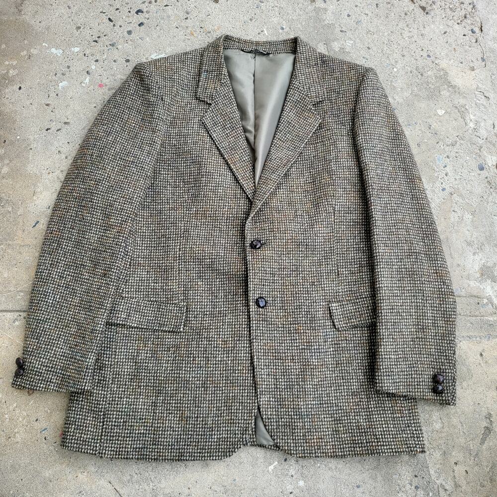 Vintage 60s Harris Tweed Blazer Jacket Size 44 Green Brown Houndstooth Wool